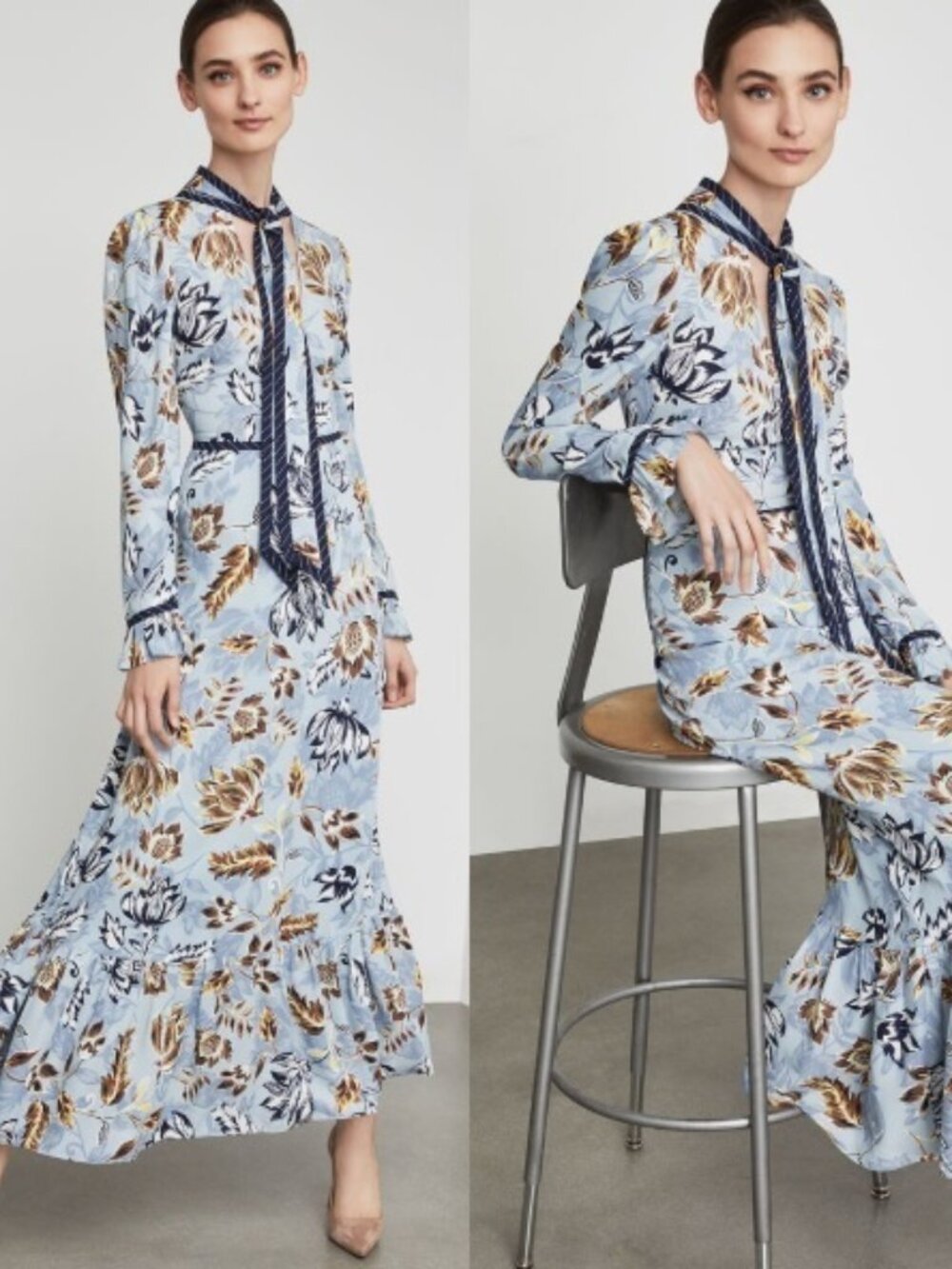 NWT BCBGMAXAZRIA Floral Ruffled Maxi Dress Ashley Blue size 0
